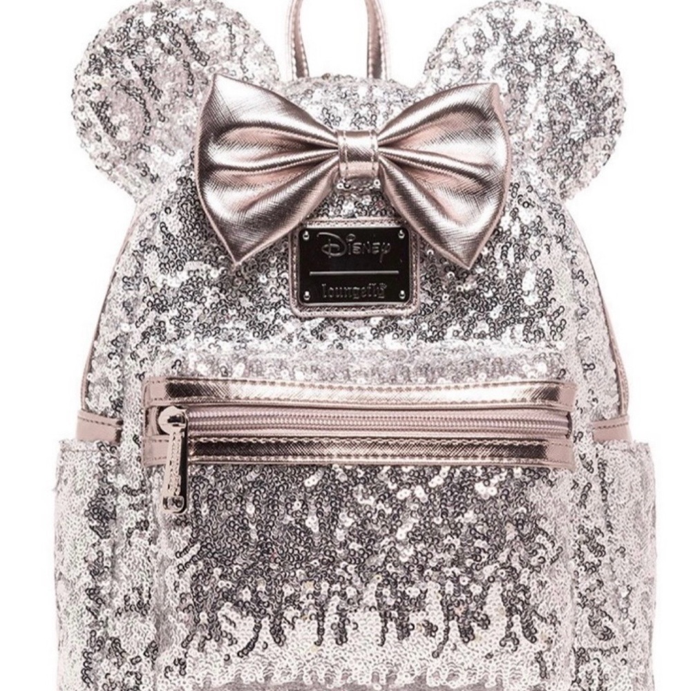 Loungefly Disney Silver Sequin Backpack with Metallic Bow NWT